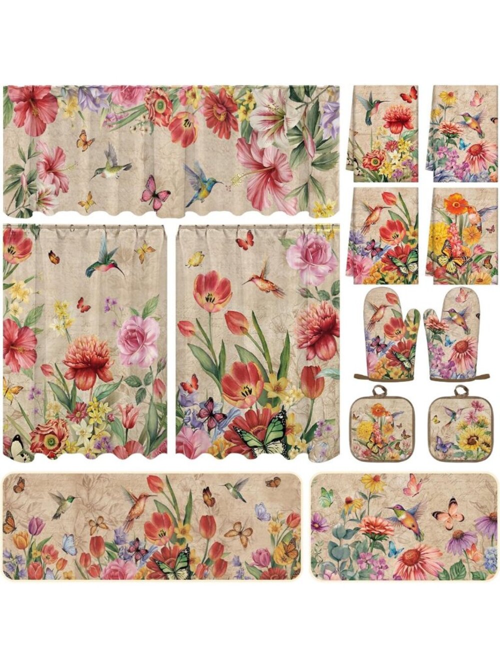 13-Piece Wildflower Kitchen Decor Set: Hummingbird Curtains, Spring Rugs, Towels